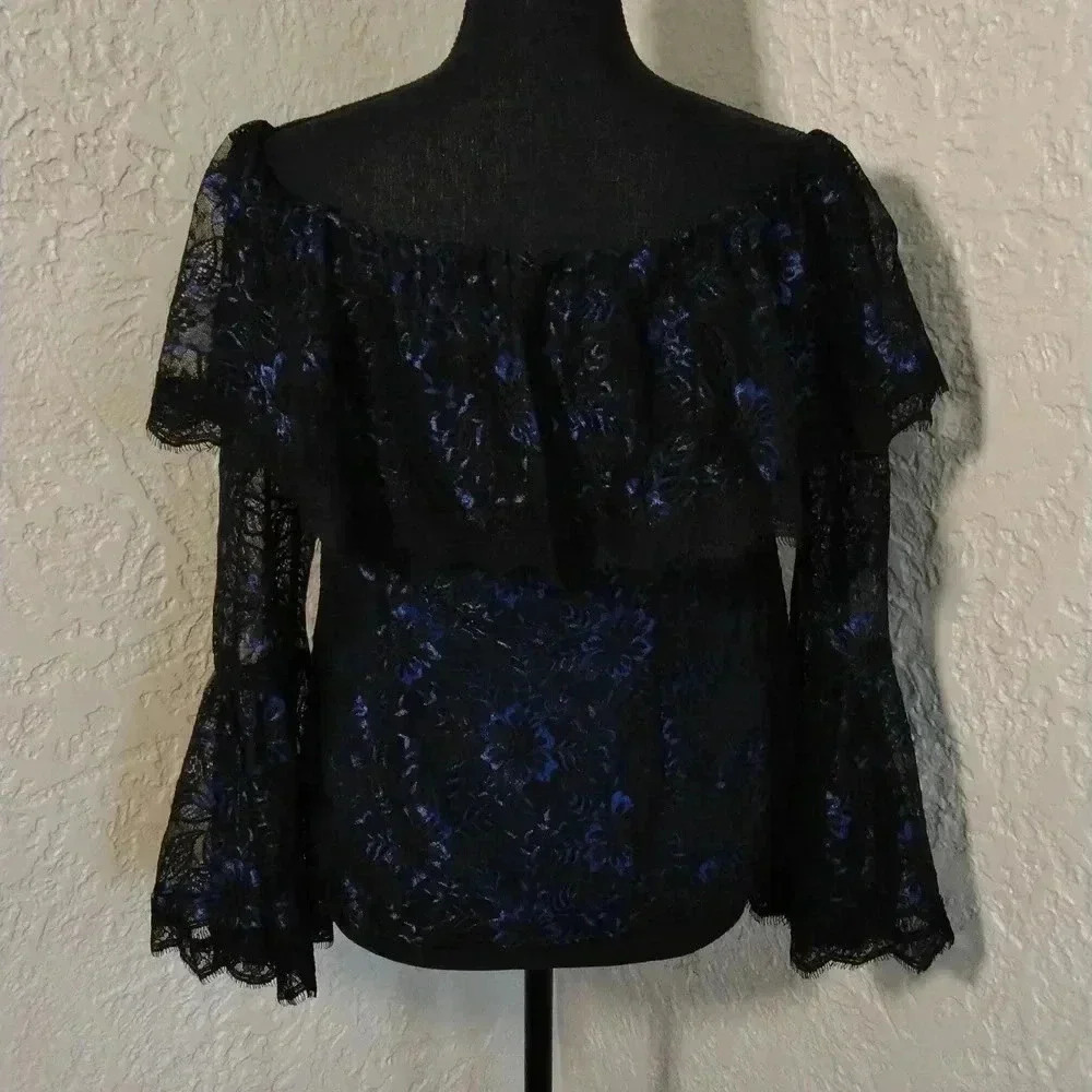 White house black market blue lace off the shoulder bell Sleeve top blouse - Picture 3 of 9